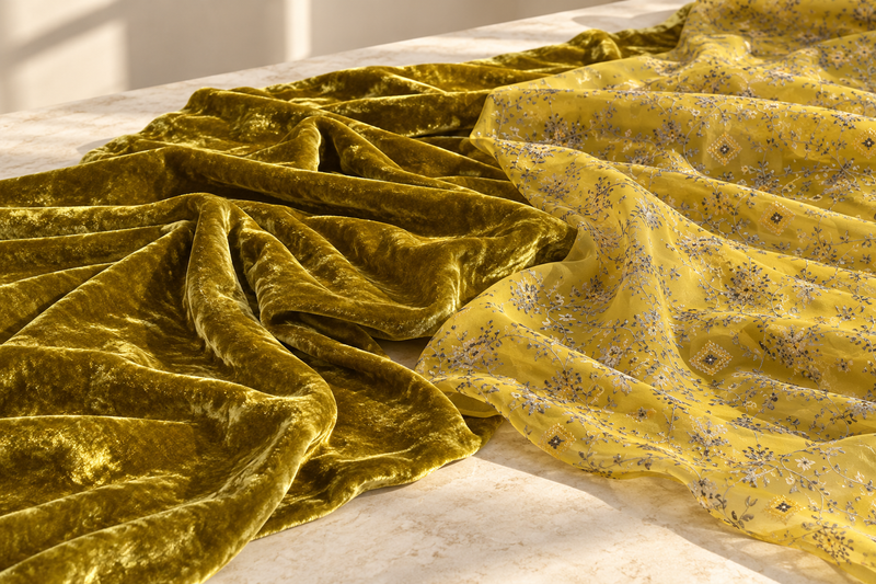 Olive velvet and yellow chiffon