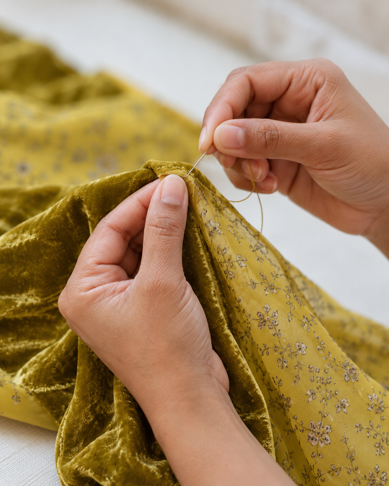 Hand sewing olive velvet